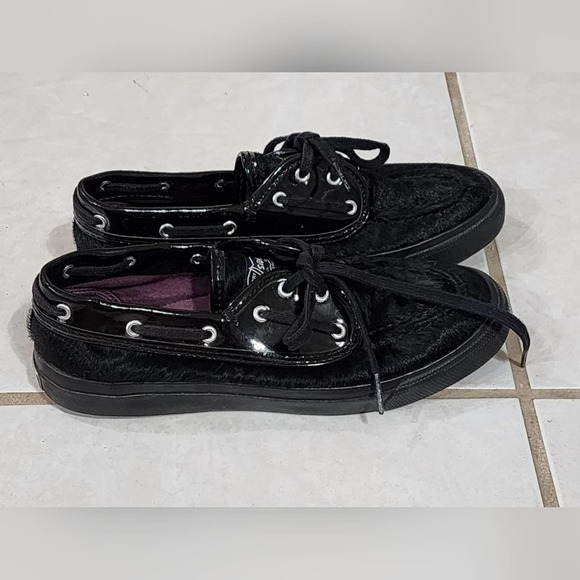 Sperry Top Sider black fur and patent leather deck shoes sneakers size 7 - Picture 8 of 8